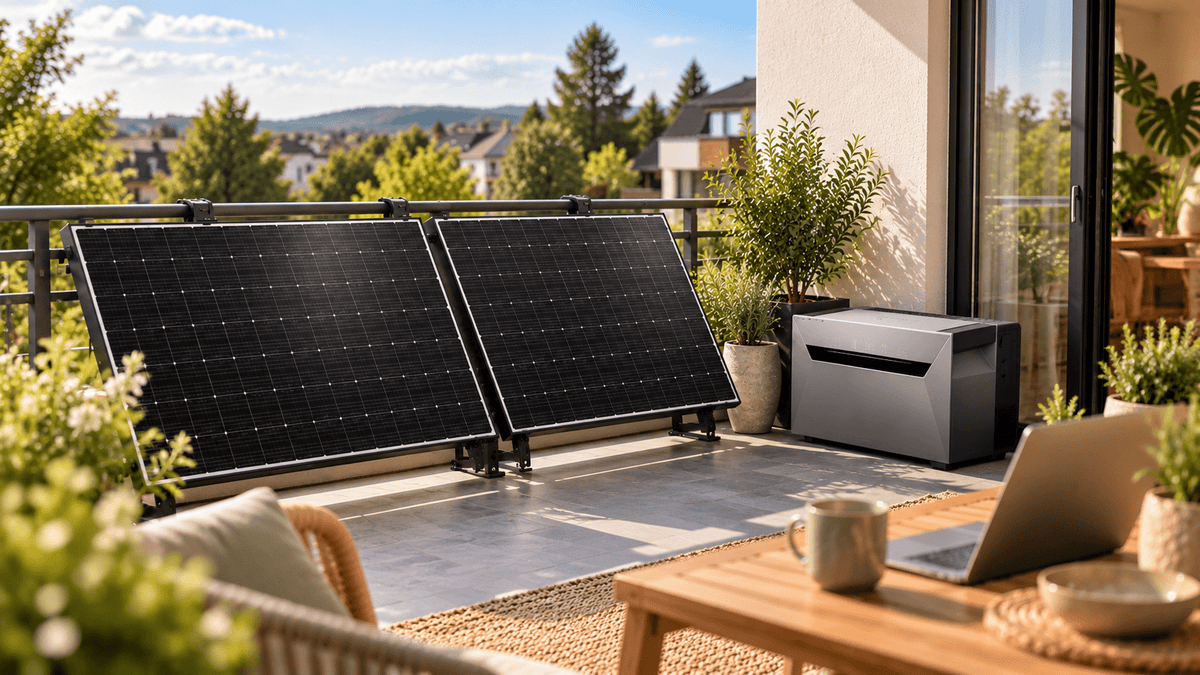Balkonkraftwerk mit zwei Solarmodulen auf einem deutschen Balkon vor der Anmeldung