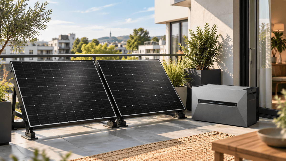 Balkonkraftwerk mit zwei Solarmodulen und Batteriespeicher auf einer Terrasse